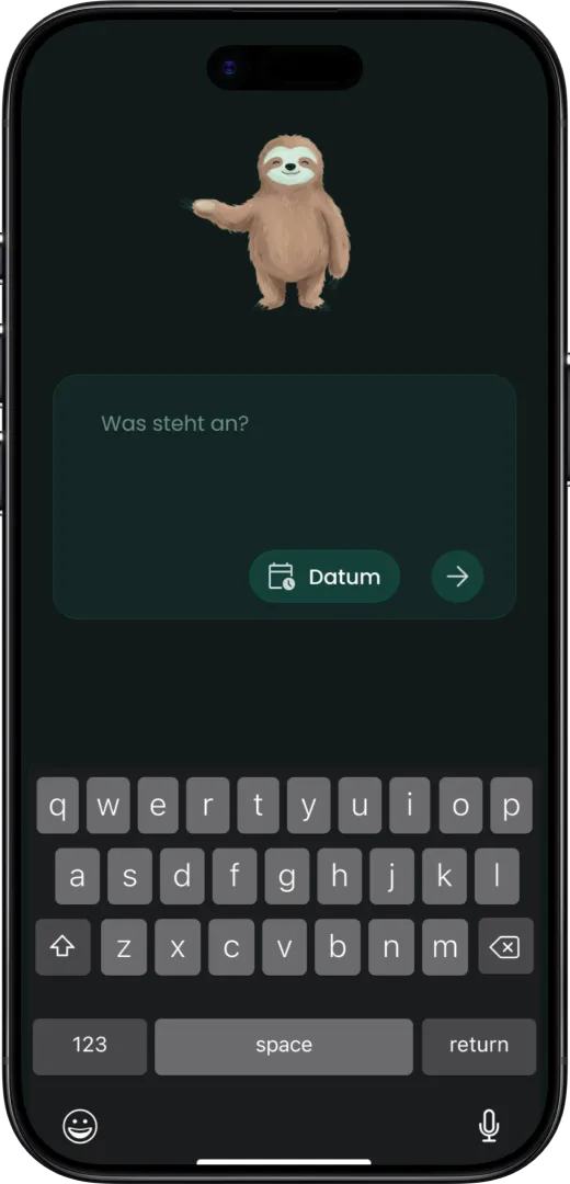Input screen with the placeholder “Was steht an?” and the keyboard open.